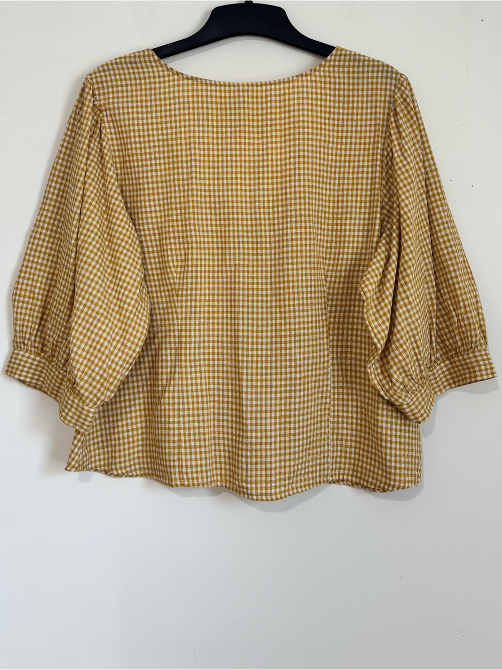 Mango lagenlook mustard gingham V-neck puff sleeve button up resort crop blouse - Picture 4 of 16